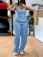Ensemble élégant 2 pièces pour femme : Gilet court sans manches à col cœur et boutons, et pantalon taille haute à jambes larges