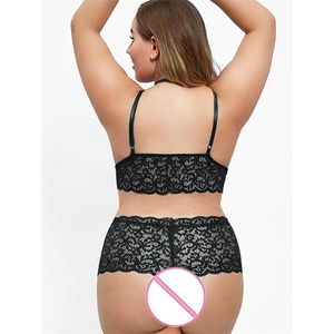 Conjunto <span class=keywords><strong>de</strong></span> Lencería Sexy con Cordones, Talla Grande, Escote en V, Cintura Alta, Encaje Floral Cruzado, <span class=keywords><strong>para</strong></span> Mujeres Curvilíneas - Product Image 5
