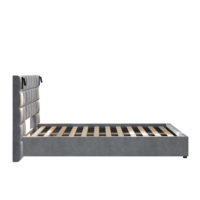 Modernes Luxus-Queensize-Bett mit Verstellbarem Polstergestell, Samt-Kopfteil, USB-Anschluss, Beleuchteter Wandleuchte, Eichenholzrahmen und Stauraum