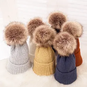 Kids knitted hats warm plain women ladies winter Faux Fur Ball Pom Pom beanie hat