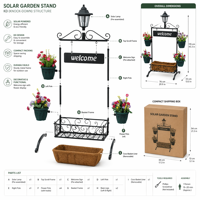 Panneau de bienvenue lumineux solaire avec support pour plantes et quatre pots de fleurs, panier carré en coco, en fer thermolaqué, pour la décoration d'entrée de jardin