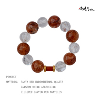 Bracelet en argent artisanal Han Qian'er avec quartz hydrothermal rouge Fanta naturel, azeztulite blanche arc-en-ciel et perles rouges sculptées en filigrane