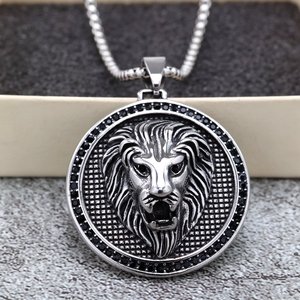 Colgante de cabeza de león de acero inoxidable yunnique con incrustaciones de diamantes, amuleto unisex para regalo y para combinar con ropa - Product Image 3