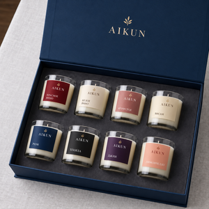 Ensemble cadeau de bougies parfumées Aikun en verre transparent, 8 pièces, avec boîte de protection, étiquette personnalisée, OEM ODM pour cadeaux saisonniers - Product Image 1