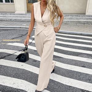 <span class=keywords><strong>Ensemble</strong></span> pantalon et veste sans manches à col en V pour femme, 2 pièces, style européen et américain, personnalisé en usine, teinture unie, printemps/été, usage quotidien, décontracté - Product Image 4
