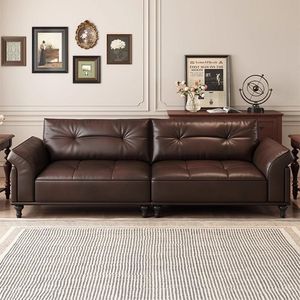 Sofá Chesterfield de Cuero Genuino Marrón, Estilo Retro Americano de Lujo, Juego de Muebles para Sala de Estar - Product Image 2