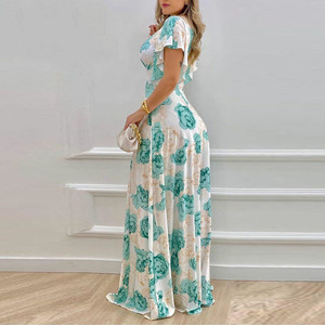 Vestido Maxi con Estampado Floral para Mujer, Cuello en V, Manga con Volantes, Cintura Alta, Corte en A, Elegante, Romántico, para Fiesta, Noche, Vestido de Gala - Product Image 2