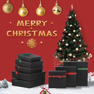 3合1黑色嵌套圣诞快乐礼品套装装饰品礼品包装盒与丝带装饰和盖子