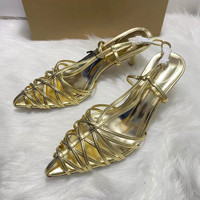Sandales à lanières dorées métalliques sexy 2026 pour femmes, à bout pointu, talons hauts élégants, chaussures de soirée à bride arrière, vente en gros