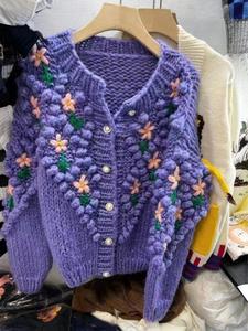<span class=keywords><strong>Cardigan</strong></span> en tricot fait main pour femme, style automne doux, décoré de fleurs, manches longues, coupe courte pour filles - Product Image 4