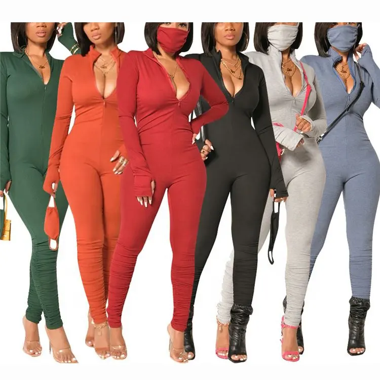 Hot Selling Women Fashion Clothing 2020 Women One Piece Jumpsuits Solid Color Zipper One Piece Jumpsuit