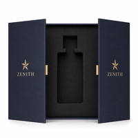 Boîte à parfum de luxe à double ouverture, emballage rigide en papier bleu nuit personnalisé avec logo gaufré or et insert en mousse pour flacon