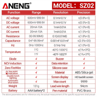 Multimètre numérique intelligent ANENG SZ02, testeur de transistors, 10000 comptes, True RMS, mesure automatique de la capacité électrique, température et résistance