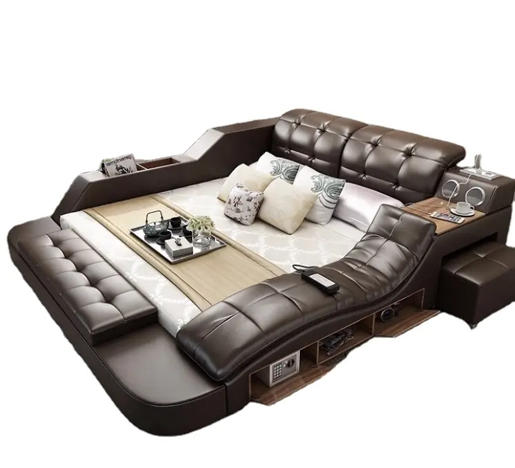 Customizable multifunction storage bed with massage music Speaker design of leather bed King Double Size solid wood bed