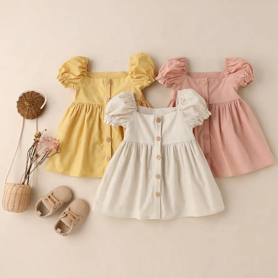 Australia UK US Designer Toddler Children Dresses Puff Short Sleeve Cotton and Linen Princess Party Kids Dress Girls Linen