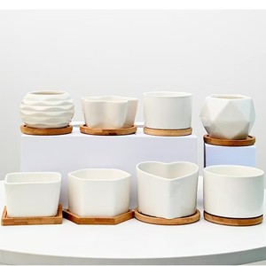 Maceta suculenta <span class=keywords><strong>de</strong></span> flores <span class=keywords><strong>redondas</strong></span> <span class=keywords><strong>de</strong></span> cerámica blanca barata con bandeja <span class=keywords><strong>de</strong></span> Bambú - Product Image 2
