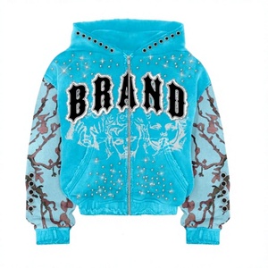 BRAND <b>Pink</b> Solid Zip-Up Hoodie Rhinestone Embellished Regular Fit Y2K Style Unisex Fleece <b>Sweatshirt</b> 100% Cotton Breathable - Product Image 5