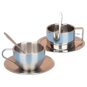 Set cangkir kopi stainless steel 304 populer, tiga buah set produk Mug Stainless Steel cangkir susu dapat digunakan kembali dengan sendok dan nampan