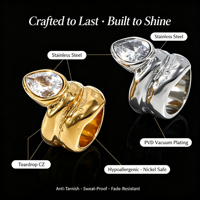 Bague en acier inoxydable double couche avec zircon en forme de goutte d'eau, vente en gros, bagues plaquées or pour femmes