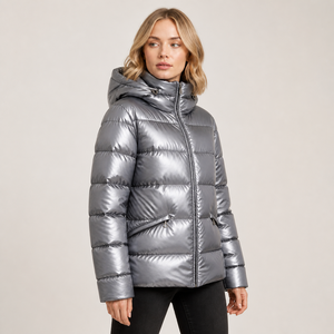 Manteau d'hiver gris à capuche unisexe pour femme, veste matelassée imperméable décontractée, coupe régulière avec fermeture éclair et poches latérales - Product Image 1