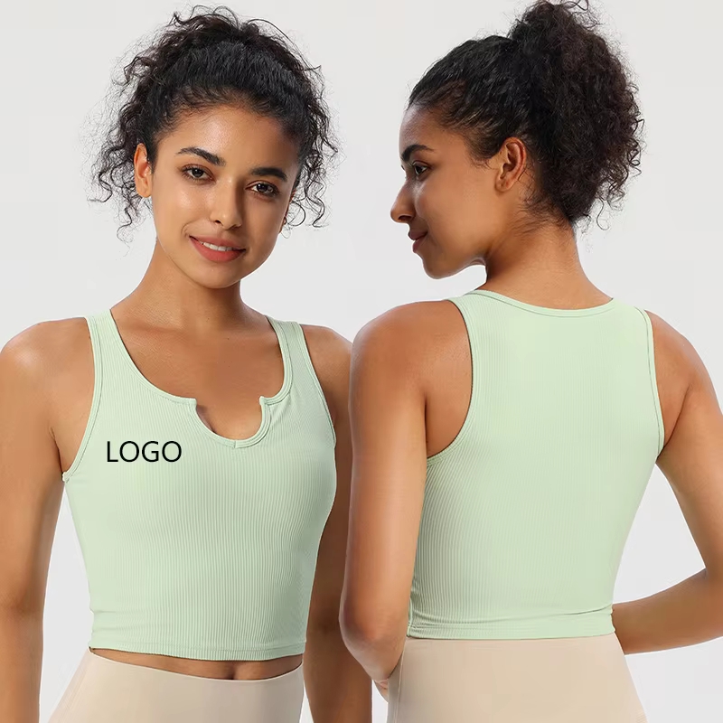 Custom Logo Women Yoga Crop Top Ribbed Sports Vest Slim Fit Small V-Neck Gym Fitness Tank Top