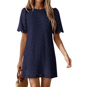 Women's Summer Casual Short Sleeve Lace Mini Dress Boho O-Neck Loose Fit Breathable Woven Beach Vacation Dress - Product Image 4