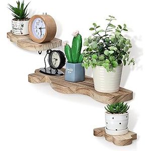 Wooden Wavy Edged Floating <b>Shelf</b> 3 Tier Wall Mounted Display <b>Shelf</b> Farmhouse Retro Storage Rack <b>Bedroom</b> Living Room Use - Product Image 5