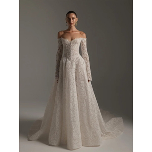 Abito <span class=keywords><strong>da</strong></span> sposa di lusso a sirena con spalle scoperte, maniche lunghe, corsetto in pizzo, schiena scoperta, <span class=keywords><strong>taglie</strong></span> forti, personalizzabile, all'ingrosso - Product Image 1