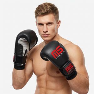 Guantes de Boxeo Mudassar Sports de Cuero Negro con Logotipo Rojo y Cierre de Velcro, Equipo de Artes Marciales para Hombre - Product Image 1