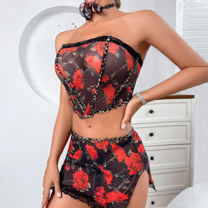Conjunto de Lencería de 4 Piezas con Flores Bordadas Rojas, OEM, Push-up, Malla Transparente, Falda Corta, Sujetador y Braguitas - Product Image 5