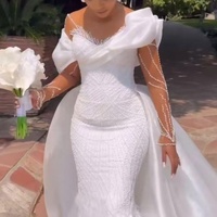 Vestido de Novia Sirena 2 en 1, Asimétrico, de Satén, con Volantes, Sobrevestido Desmontable, con Cuentas, Manga Larga Transparente, Vestido de Novia Africano