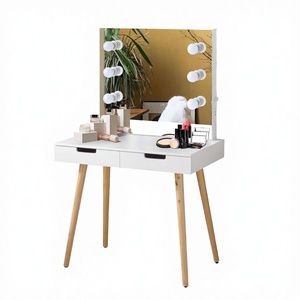 Modern Wood Panel Makeup Vanity <b>Table</b> with Built-in LED Lighted <b>Mirror</b> for Bedroom & Apartment Use - Product Image 3