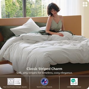 Luxury 100% Linen <strong>Duvet</strong> Cover <strong>Set</strong> 3-Piece Breathable Bedding <strong>Set</strong> <strong>Navy</strong> Striped Linen <strong>Duvet</strong> <strong>Set</strong> for Home - Product Image 2