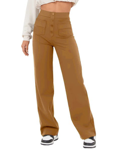 Pantalones de Mujer Estilo Europeo Americano, Cintura Alta, Bolsillos <span class=keywords><strong>con</strong></span> Solapa, Cintura Elástica <span class=keywords><strong>con</strong></span> <span class=keywords><strong>Botones</strong></span>, Diseño Casual Holgado de Pierna Ancha para Otoño - Product Image 3