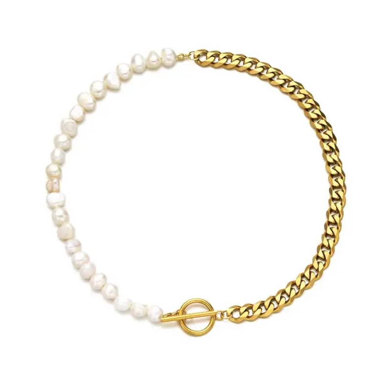 2022 Neuheiten Fashion Toggle Clasp 18 Karat Gold Edelstahl Pearl Thick Cuban Chain Halskette für Männer