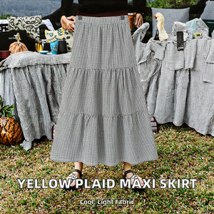 Falda de mujer estilo A con volantes escalonados, a cuadros gingham, cintura regular, de algodón transpirable, estilo Prairie Chic, largo hasta el tobillo - Product Image 2