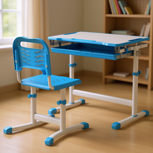 Juego de escritorio y silla ajustable azul para niños con escritorio inclinable, cajón de almacenamiento, ranura para bolígrafos y gancho. - Product Image 2