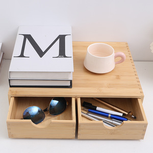 Wooden Desktop <b>Storage</b> <b>Box</b> With Double <b>Drawer</b> Organizer For Office Supplies And Sunglasses Rectangle Shape Solid Color - Product Image 2