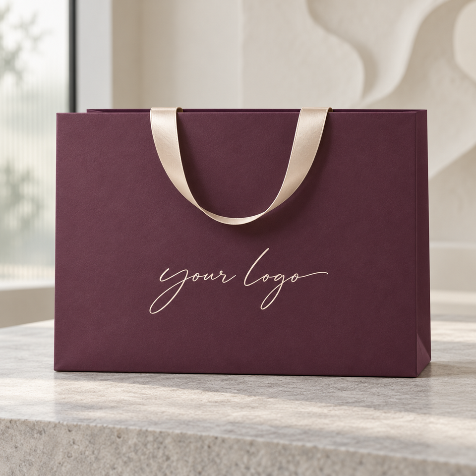 Burgundy Paper Shopping Bag with Satin Ribbon Handle Custom Logo ...
