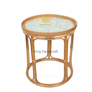 Oriental Style Natural Wicker <b>Bedside</b> <b>Table</b> Floral Shell Mosaic <b>Round</b> Accent End <b>Table</b> for Resort Furniture - Product Image 2