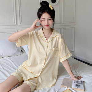 Pyjama d'été pour femmes, fin, doux, à carreaux, imprimé, manches courtes, shorts respirants, vêtements de maison - Product Image 3