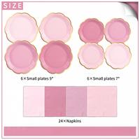 Lot de 24 assiettes rondes en carton rose bonbon avec bordure dorée festonnée, vaisselle jetable pour fête avec serviettes