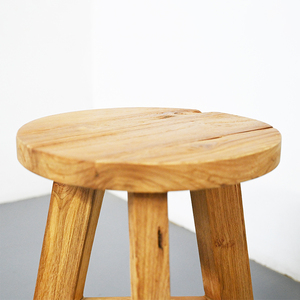 Old Teak Stool with Sustainable Reclaimed Wood and Triangle <b>Legs</b>, Natural Weathered Texture Round Stool for Home Decor - Product Image 3