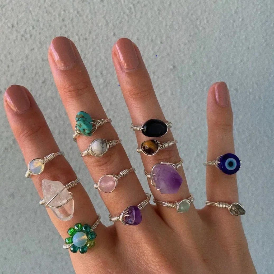 Customize Wire Wrapped Gemstone Rings Chakra Healing Crystal Gold Plated Silver Colored Copper Ring Jewelry Woman