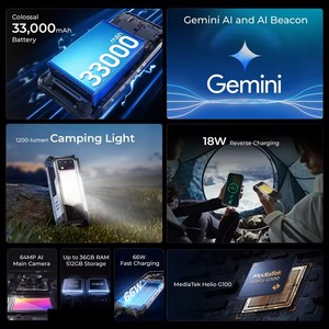 โทรศัพท์มือถือ WP100 Plus รุ่นทนทาน ใช้ชิป Helio G100 ระบบปฏิบัติการ Android 12 มาตรฐาน IP68 รองรับ 4G หน่วยความจำ 12GB+512GB หน้าจอ 6.8 นิ้ว 120Hz กล้อง 64MP แบตเตอรี่ 33000mAh รองรับชาร์จเร็ว 66W พร้อม NFC - Product Image 2