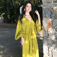 Nouvelle arrivée, robe en jacquard française pour femmes, automne, élégante, ample, manches lanternes, pour les voyages et les vacances