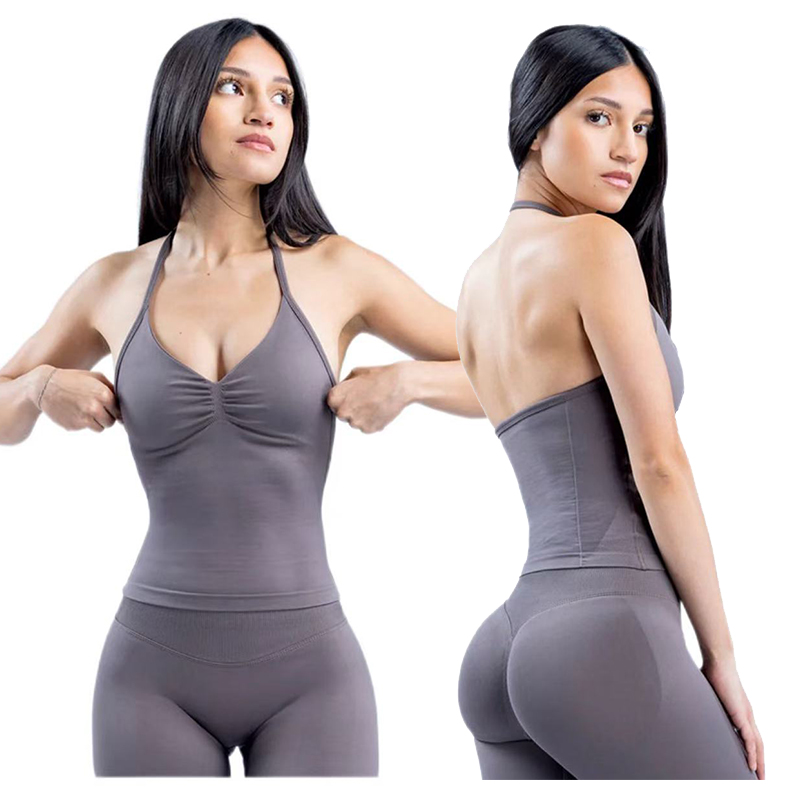 Hot Selling Women Longline Strappy Top High Elasticity Nylon Halter Colors Neck Seamless Yoga Fitness Tank Top Sportswear