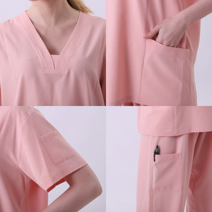 Women Scrub Suit Set Short Sleeve V <b>Neck</b> Work Uniform For Medical Spa Pet Hospital Wear Split Design Non Stretch Fabric - Product Image 4