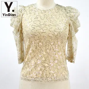 Yindian Puff Sleeve Women Tops Lace Sequins Casual Blouse Half Sleeve Summer Shirt / Blouse Knitted OEM Service Breathable