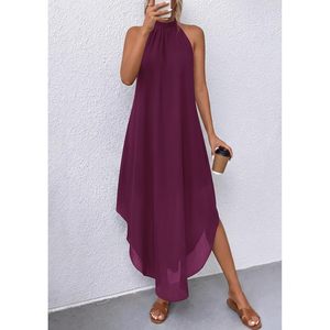 Robe longue fluide asymétrique en mousseline pour femme, style licou sans manches, idéale pour l'été, la plage ou les vacances, coupe décontractée à taille ample - Product Image 3